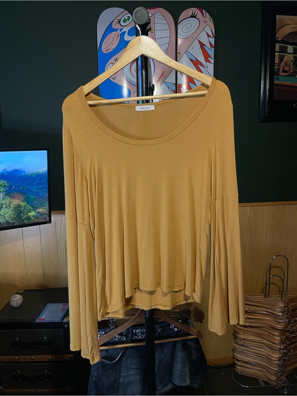 Persaya Mustard Long-Sleeve Scoop Neck Top